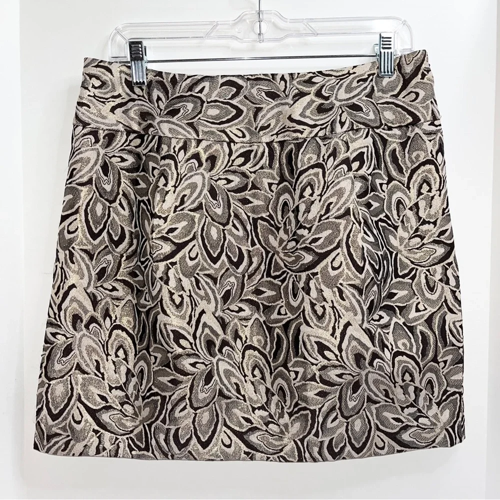 Ann Taylor LOFT skirt, brown/cream/gold metallic print, zipper on side, lined - Picture 1 of 9
